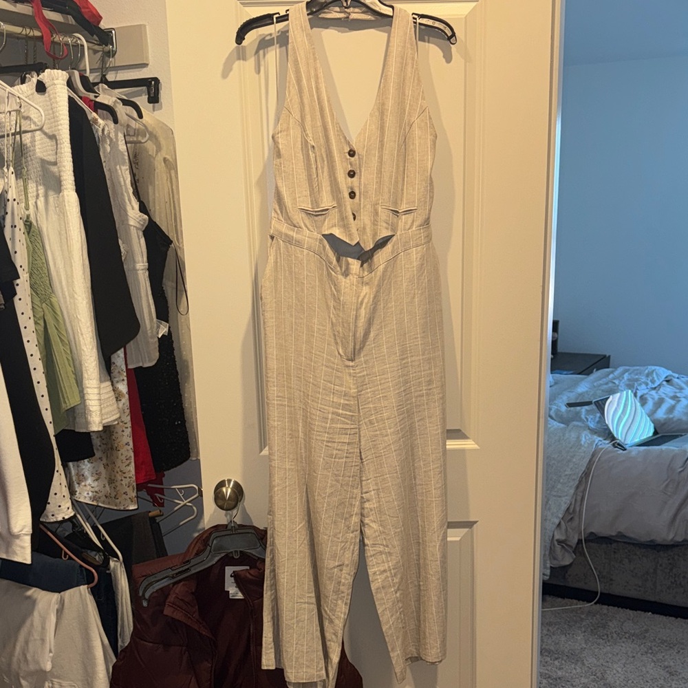 Zara Beige Halter Linen Jumpsuit with Button Detail